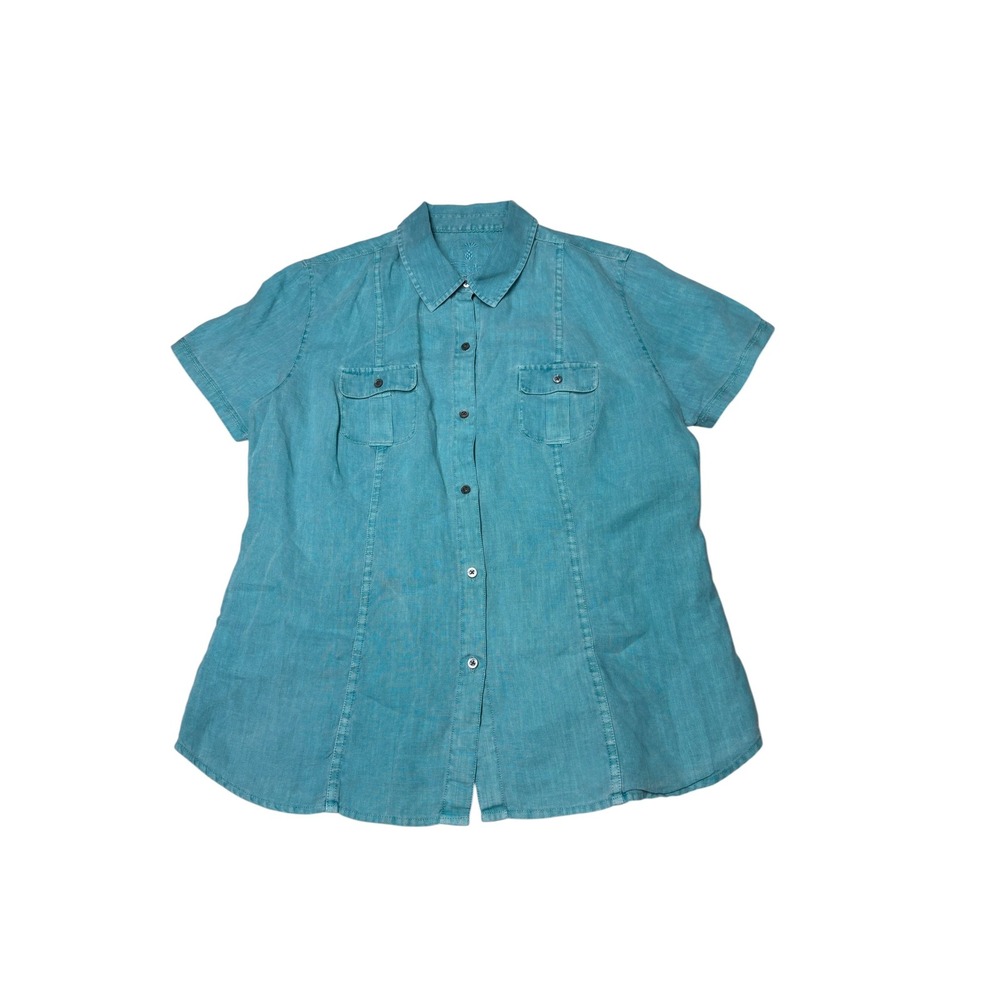 Tommy Bahama Relax Womens Medium Turquoise 100%‎ Linen Short Sleeve Button Shirt
